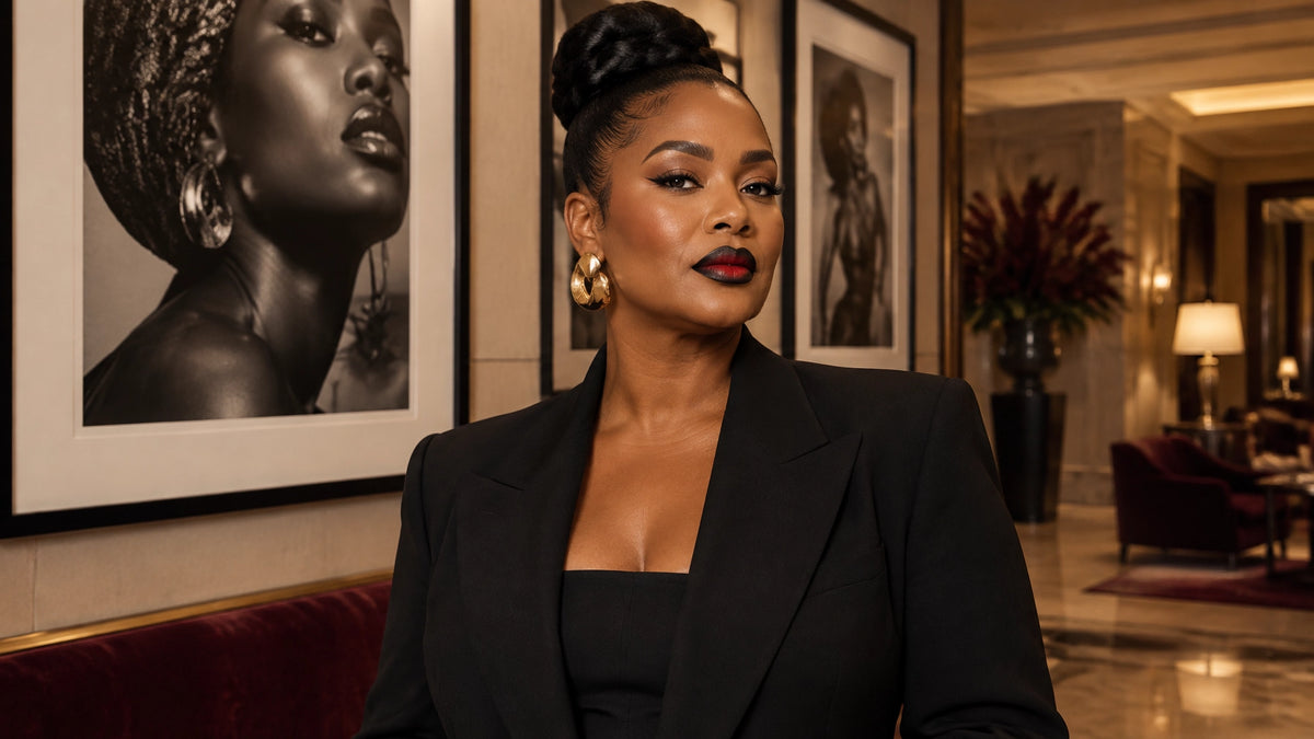 Black woman in an avant-garde hip hop-inspired beauty look standing in an elegant Beverly Hills hotel lobby beside framed pho