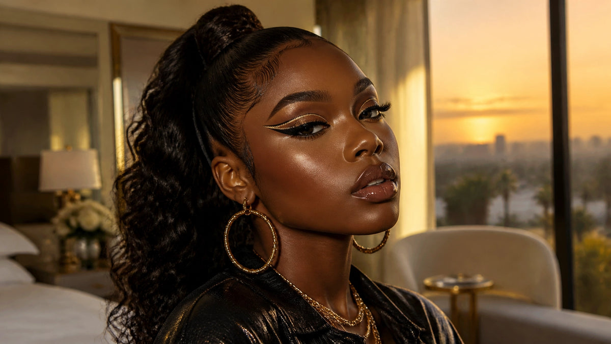 A stunning Black woman with glowing, radiant skin and bold, artistic makeup, representing the Hip Hop Beauty experience at th