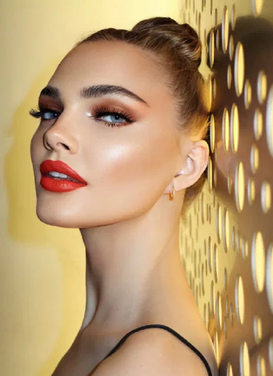Black woman with radiant skin and bold red lip representing the global future of Black beauty