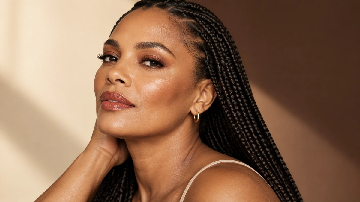 Confident Black woman in her forties with long protective braids and luminous natural skin