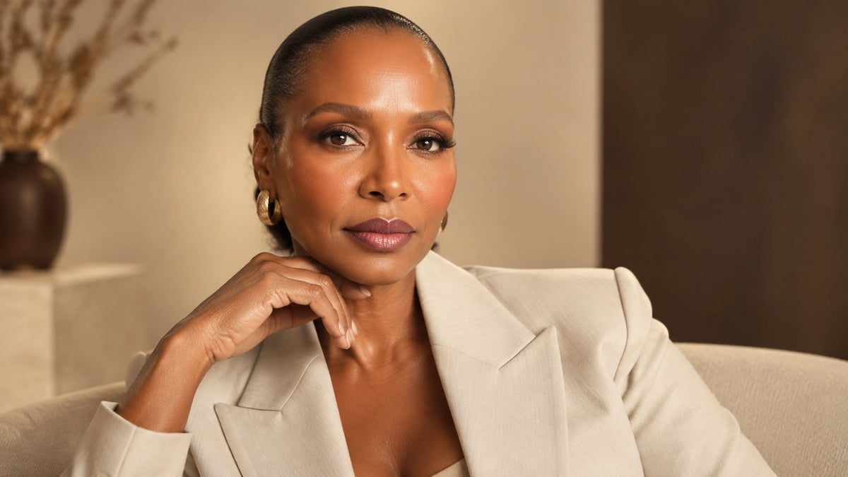 Confident Black woman beauty founder in a softly lit studio, representing resilience and reinvention