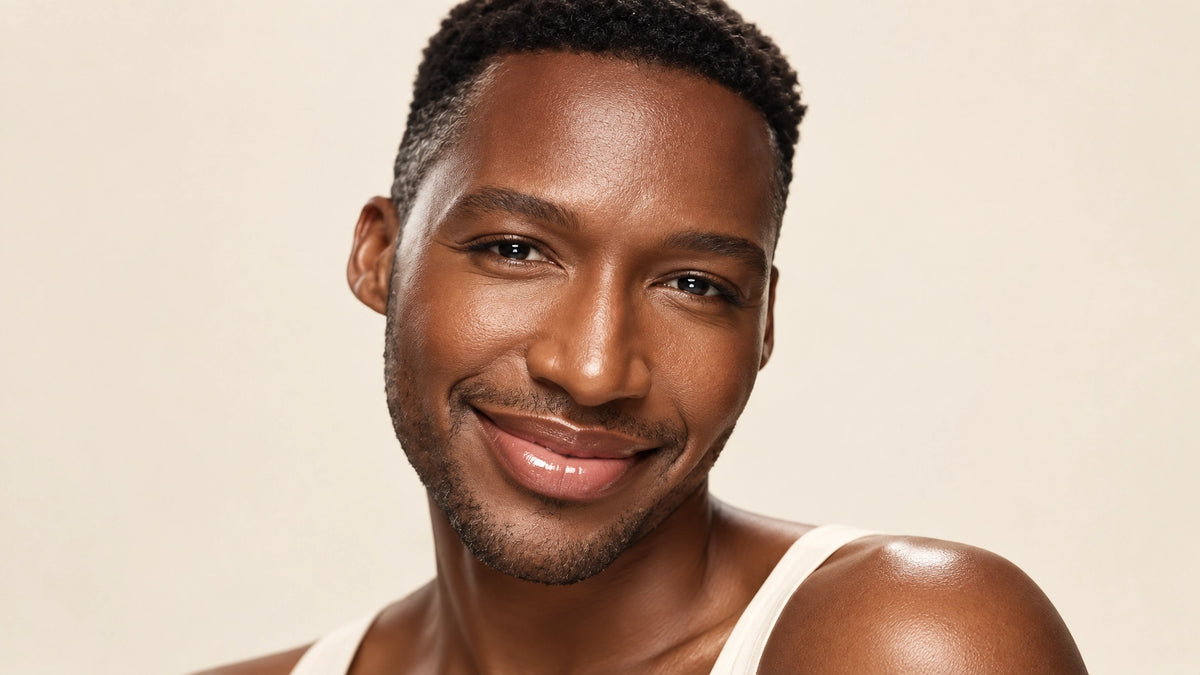 Confident Black woman in her late 40s with a luminous, hydrated complexion and natural skin texture
